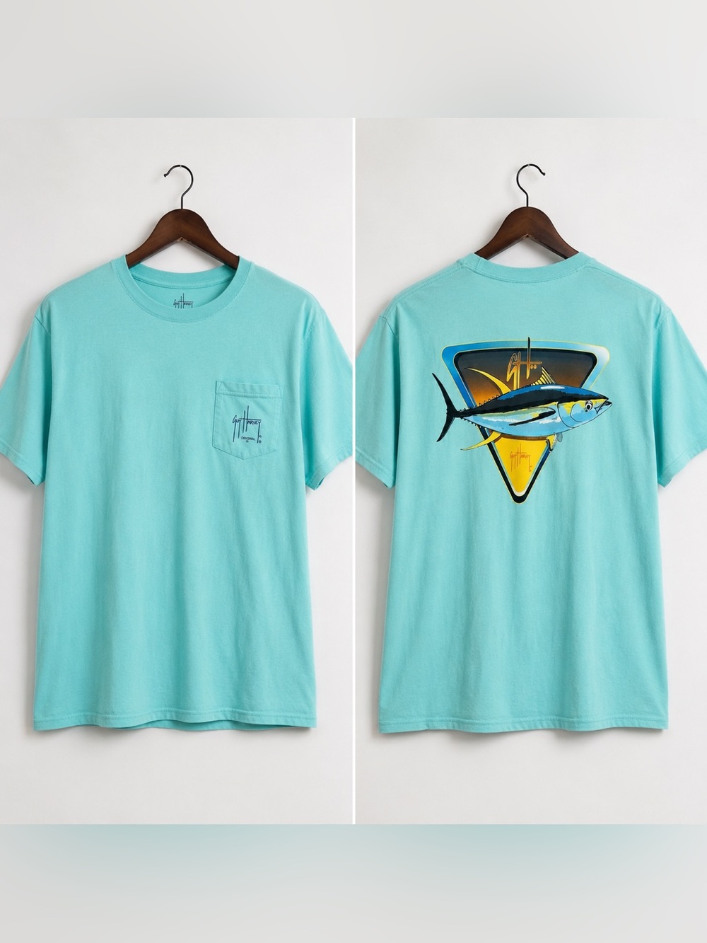 Guy Harvey Tuna Graphic Pocket Tee Aqua Blue Shirt L